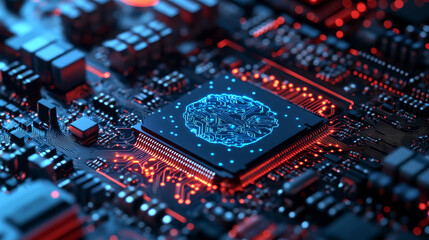 Fototapeta premium Processor with integration AI. AI Letters on chip. CPU connected to motherboard . Artificial intelligence technology in electronic chip on pcb board. Hardware tech conceptual background. 3d Vector.