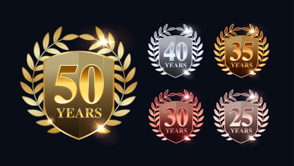 Celebrate Milestones: Badge and Emblem 3D Vector Templates for 25, 30, 35, 40, and 45 Year Anniversaries with Sparkling and Glittering Effects