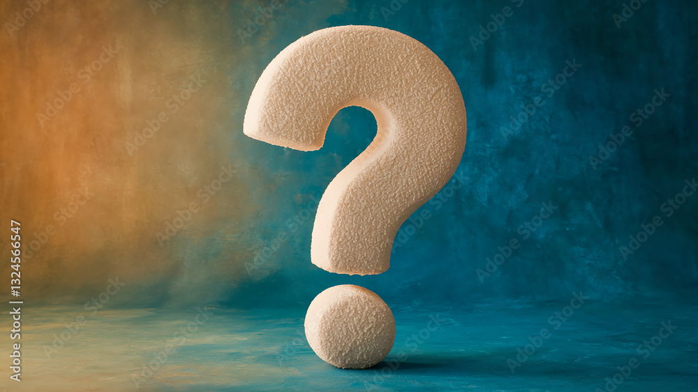 Poster textured off-white large question mark on teal background, symbolizing inquiry, uncertainty, or the 