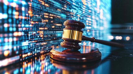 High-tech courtroom scene with gavel and digital law representation illustrating justice
