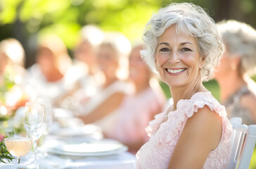 Happy senior woman smiling at an outdoor gathering, enjoying social time with friends and family in a warm and joyful setting