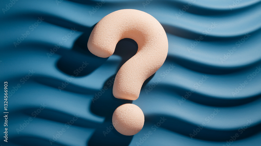 Poster peach-colored large question mark on wavy blue background, creating a curious and intriguing visual,