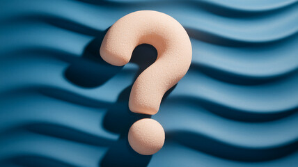 Peach-colored large question mark on wavy blue background, creating a curious and intriguing visual, showcasing uncertainty or inquiry, perfect for websites or presentations