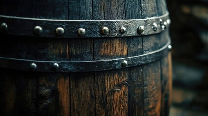 Fototapeta premium Closeup of Old Wooden Barrel with Metal Bands and Rivets Rustic Texture Dark Brown Aged Wood