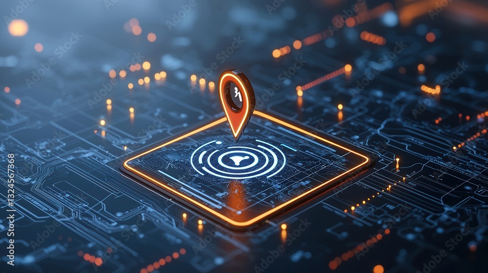 Poster an of a navigation pin or marker highlighting a specific precise location on a digital map or geogra