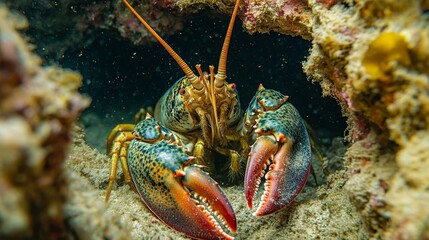A lobster hiding inside a crevice on the ocean floor. 