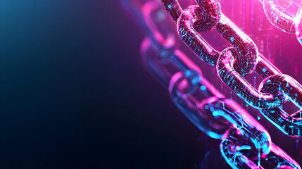 Abstract 3D Render Of Futuristic Glowing Neon Pink And Blue Blockchain Chain On Dark Background With Depth Of Field