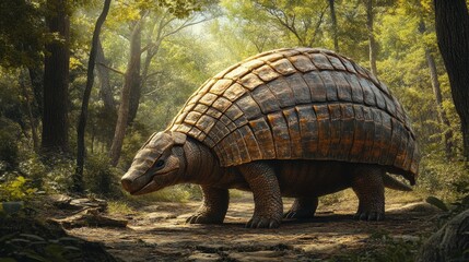 Fototapeta premium A majestic extinct giant armadillo with protective armor walking through a forest.