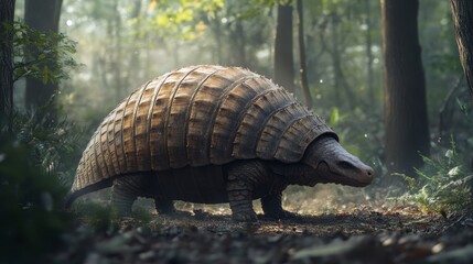 Fototapeta premium A majestic extinct giant armadillo with protective armor walking through a forest.