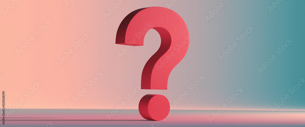 Poster red large question mark, textured surface, stands on pale background. symbol of inquiry, uncertainty