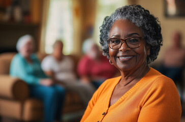 Happy senior African American woman in a retirement home, smiling warmly with a group of elderly people in the background