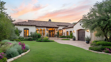 Elegant Luxury Spanish Style House Exterior with Lush Green Lawn and Sunset Sky
