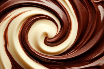 Swirling Chocolate and Vanilla: An overhead shot of creamy white and rich dark chocolate swirls together, evoking the flavors of a delightful treat.