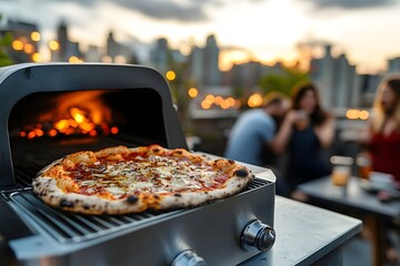 Gourmet Pizza on the Grill: A freshly baked pizza sits atop a modern outdoor grill, flames gently licking within, with blurred figures of friends enjoying the sunset in the background.