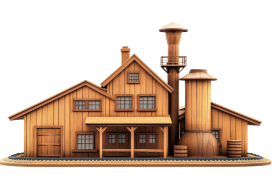 Charming wooden factory model with intricate details showcasing craftsmanship and design isolated on transparent background