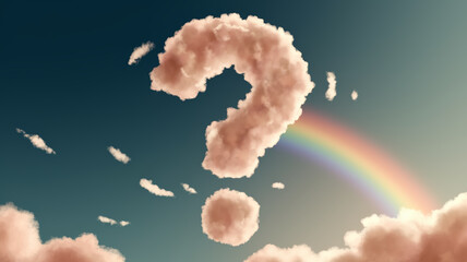 Pink clouds forming large question mark against sky with rainbow, symbolizing uncertainty, curiosity, or seeking answers, ideal for conceptual designs