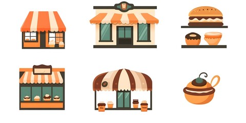 Bakery Shop Icons: A set of stylized bakery shop illustrations, perfect for branding, design elements, or educational purposes. Illustrating shop fronts with awnings, bakery items.