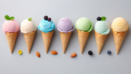 a variety of ice cream cones with different colors and flavors,