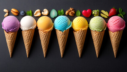 a variety of ice cream cones with different colors and flavors,