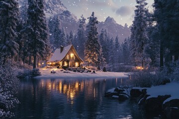 Lit Cabin at Night in Snow