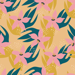 Obraz premium Exotic hand drawn flowers, seamless patterns with floral for fabric, textiles, clothing, wrapping paper, cover, banner, home decor, abstract backgrounds. Vector illustration.