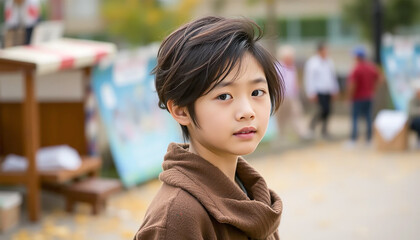 Fototapeta premium A Pensive Young Boy With Dark Hair Stares Intently, A Quiet Moment Captured Amidst The Soft Blur Of A Bustling Autumn Festival