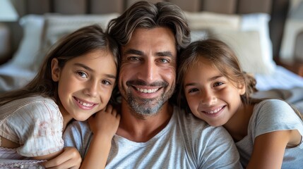 Happy father with two daughters embracing, smiling, family portrait.