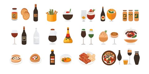 Culinary Delights: An array of appetizing foods and drinks artfully arranged, encompassing both visual and gastronomic appeal, ideal for showcasing the pleasure of eating and drinking.