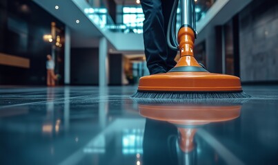 person cleaning floor with a scrubber in a building interior.