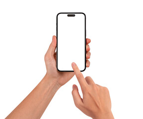 Close-up of hand using smartphone with blank screen isolated. High quality studio shot. Concept for technology, business, finance, advertising and public relations.
