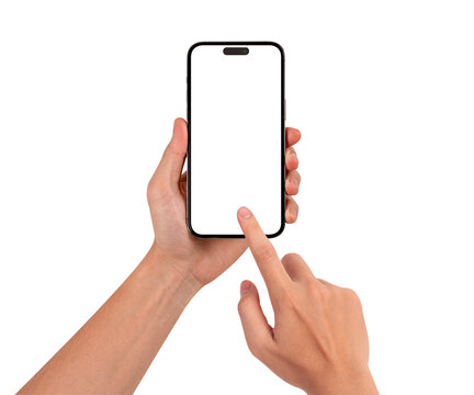 Close-up of hand using smartphone with blank screen isolated. High quality studio shot. Concept for technology, business, finance, advertising and public relations.