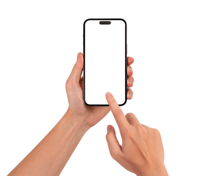 Close-up of hand using smartphone with blank screen isolated. High quality studio shot. Concept for technology, business, finance, advertising and public relations.