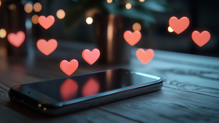 Romantic virtual chat glowing screens, hearts, and connections.