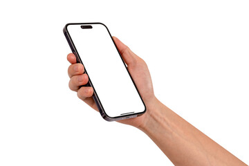 Close-up of hand holding smartphone with blank screen isolated. High quality studio shot. Concept for technology, business, finance, advertising and public relations.