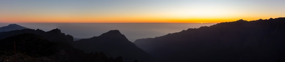 Sunset over Atlantic Ocean Panoramic Landscape Caldera de Taburiente National Park Volcano Mountain Peak Roque de los Muchachos Canary Islands Spain