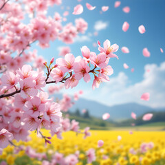 Cherry Blossoms and Canola Flowers on a Spring Day