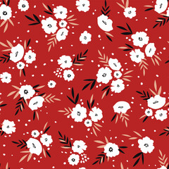 Seamless floral pattern based on traditional folk art ornaments. Colorful flowers on color background. Scandinavian style. Sweden nordic style. Vector illustration. Simple minimalistic pattern.