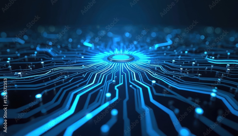 Aufkleber Glowing blue circuit board in dark abstract space features light lines radiating outwards. Tech electricity digital background electronic energy concept. Innovation futuristic motherboard computer