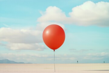 single red balloon stretching against expanding cloudy blue sky representing rising inflation with ample copy space