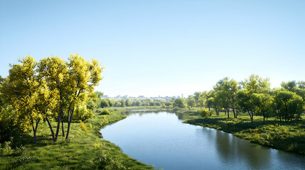 Wide Angle River View With Green Trees and Blue Sky on a Sunny Day