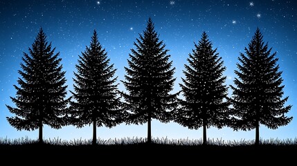 Obraz premium Evergreen silhouettes under starry sky. Ideal for holiday greeting cards or nature-themed design