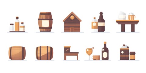 Vintage Beverage Elements: A collection of illustrated elements related to beverages, featuring wooden barrels, bottles, glasses, mugs, and a quaint shed-like structure, perfect for design projects.