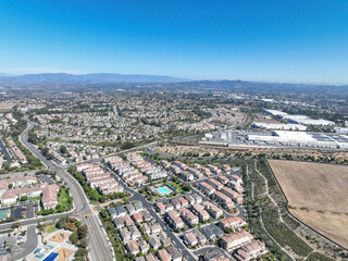 Obraz premium Aerial view of middle class community identical condominium apartment, Oceanside, South California, USA.