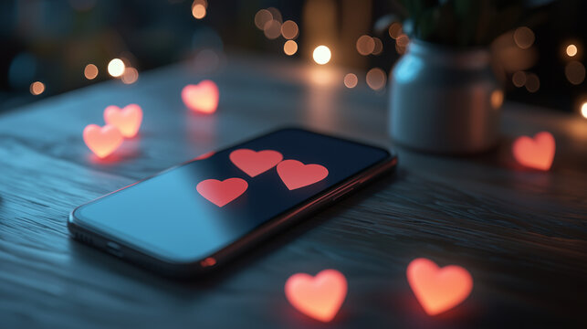 Romantic virtual chat glowing screens, hearts, and connections.