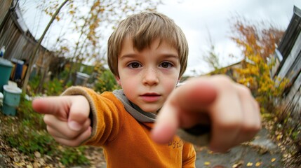 Boy Pointing Fingers Autumn Background Cute Child Portrait
