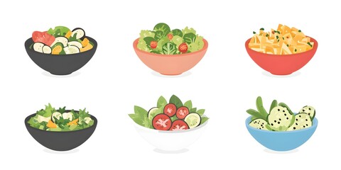 Salad Assortment: A vibrant and diverse assortment of fresh, healthy salads, each bowl brimming with colorful vegetables, showcasing the delicious variety of plant-based cuisine.