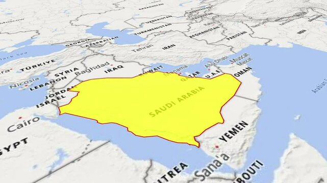 Saudi Arabia map animation with highlighted border color, 3d Animated map of Saudi Arabia, Saudi Arabia maps zooming from top Space view, World Map Zoom In To Saudi Arabia