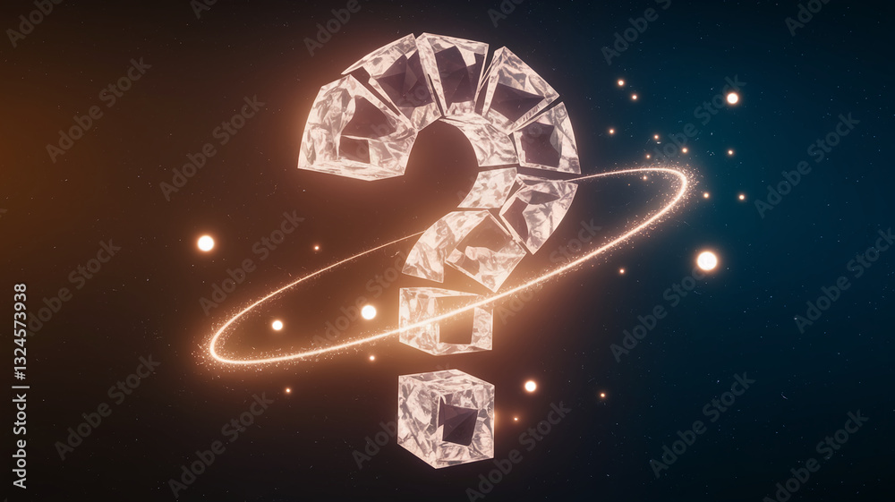 Poster crystalline large question mark orbiting in space, glowing softly against a dark background, symboli