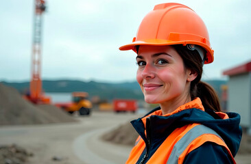 A modern banner featuring a close-up photograph of a woman wearing a safety helmet at a construction site. Includes empty space for text. Ideal for real estate, construction materials.
