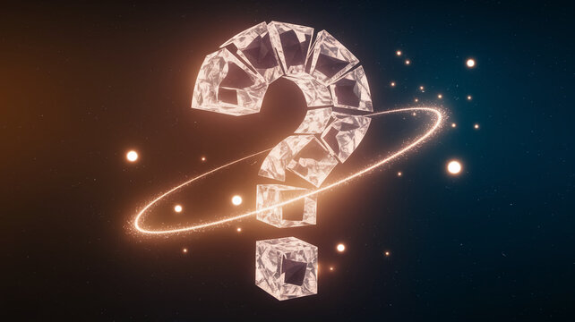 Crystalline large question mark orbiting in space, glowing softly against a dark background, symbolizing mystery, inquiry, and the unknown, perfect for abstract concepts - Powered by Adobe